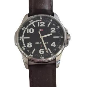 Tommy Hilfiger Men's Watch Large‎ Dial Stainless Steel Case Brown Leather Strap